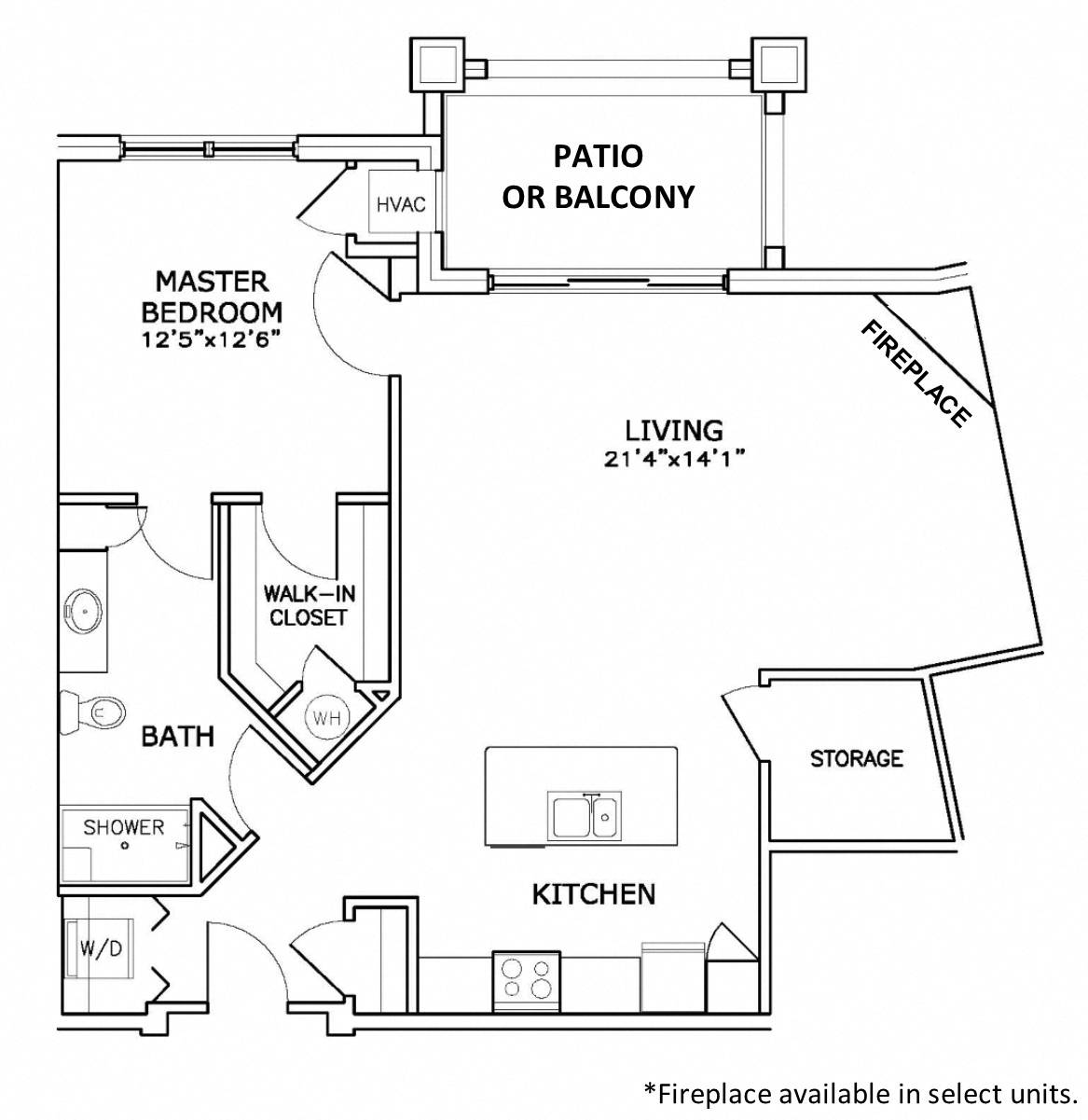 Floor plan for 1 bed, 1 bath, 947 sqft